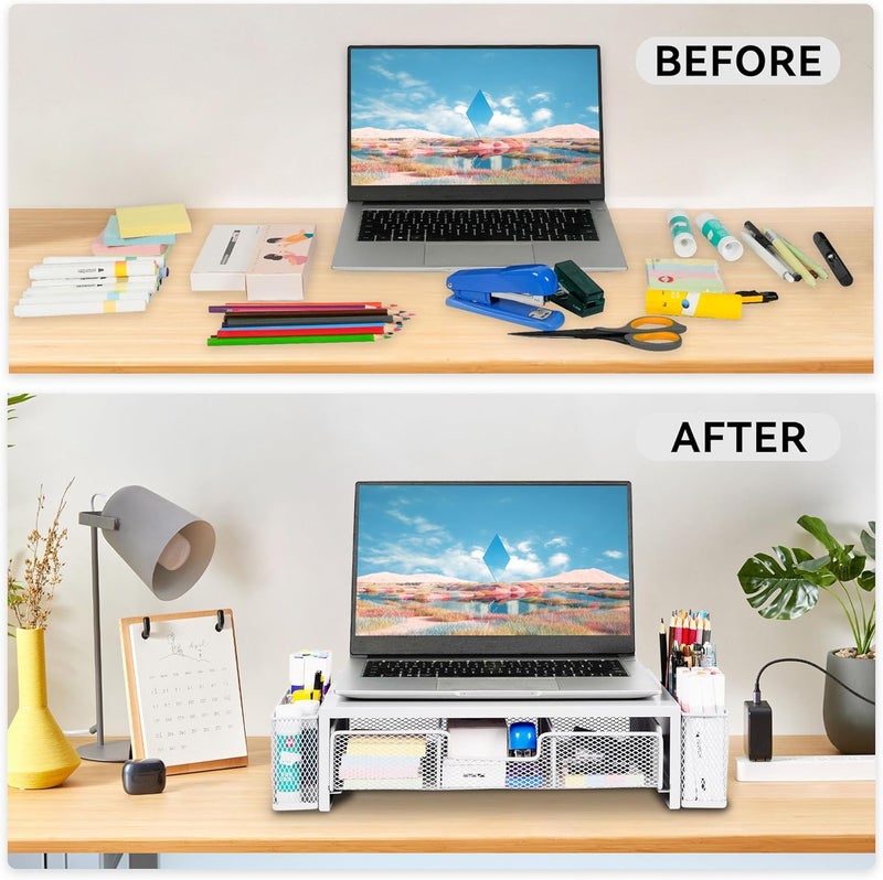 Qupui Computer Monitor Stand Riser with Drawer and Pen Holders, Desk Organizer Shelf and Accessories, Office Desk Accessories, Office Organization, White - Image 3